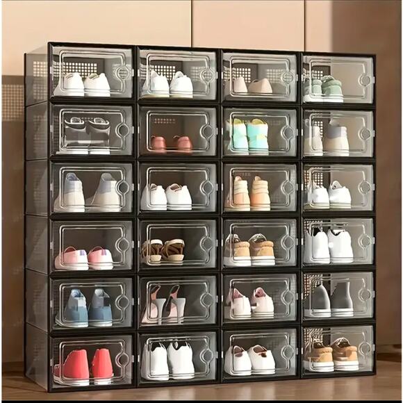 24 Piece Shoe Storage Boxes Plastic Organizers Stackable Large Black Sneaker - Picture 1 of 8